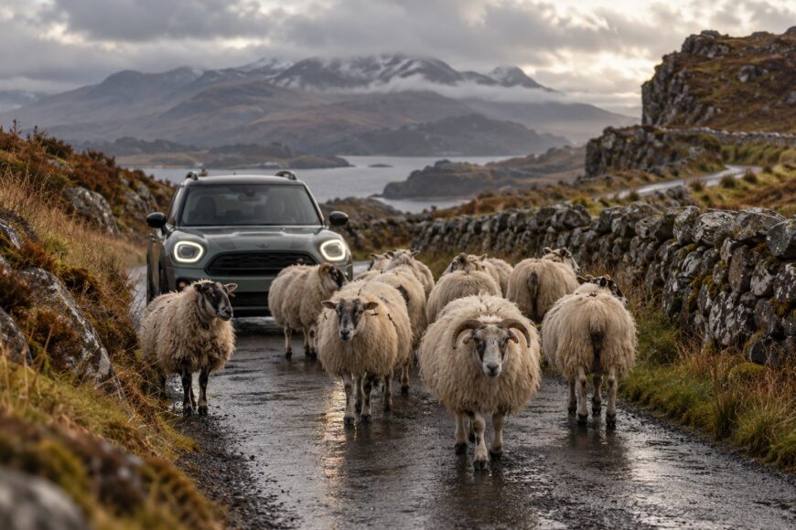 A large flock of sheep walking on a wet Scottish road and blocking a Mini Countryman