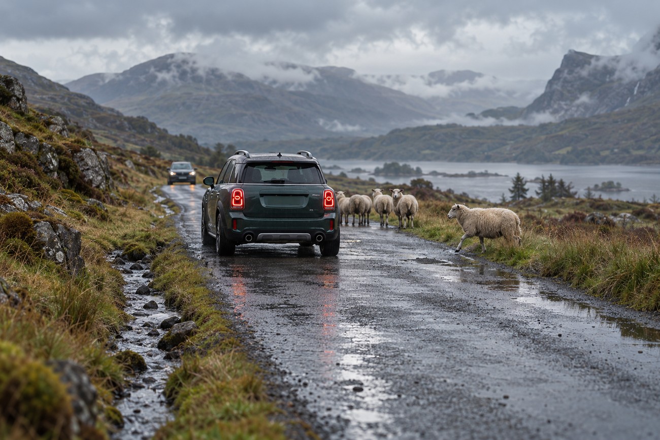 A green Mini Countryman stopped on a wet asphalt road in the Scottish highlands while sheep block the way