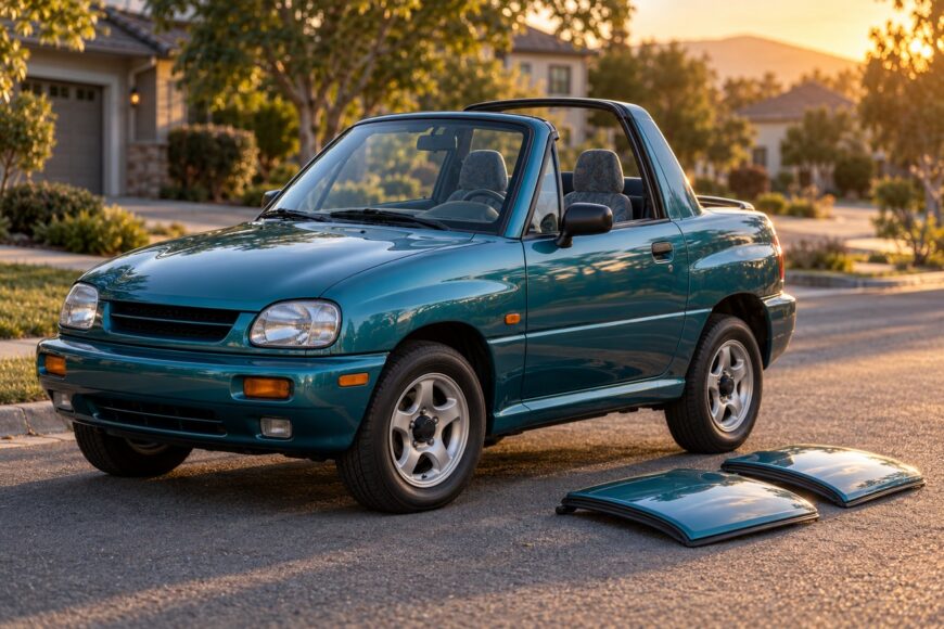 Teal Suzuki X-90 two-seat SUV parked on a suburban street with its T-top roof panels removed on the asphalt
