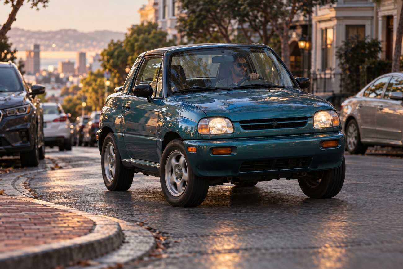A man driving a teal Suzuki X-90 two-seat T-top SUV down a scenic city street at sunset