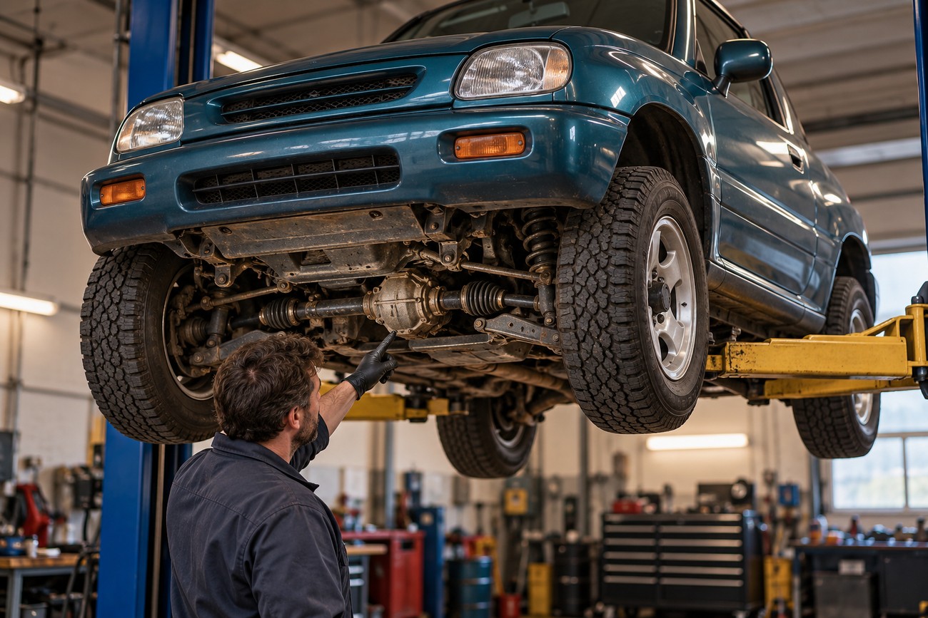 Mechanic in black gloves pointing at the undercarriage of a teal Suzuki X-90 lifted on a hydraulic hoist in a service shop