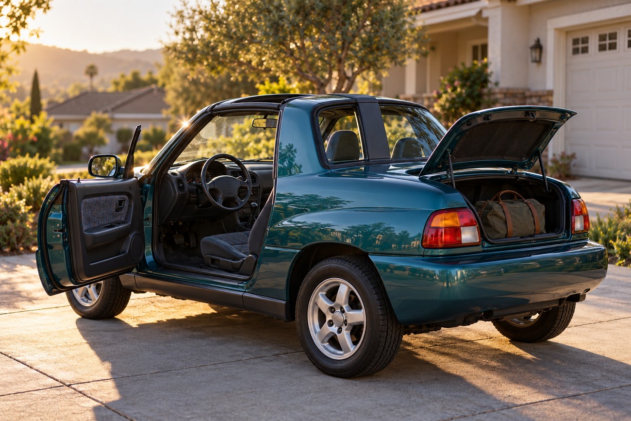 Teal Suzuki X-90 two-seat SUV parked in a driveway with its door and trunk open at sunset