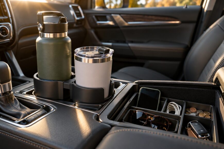 A black cup holder expander holds a green water bottle and white tumbler in a car console with an organized storage tray
