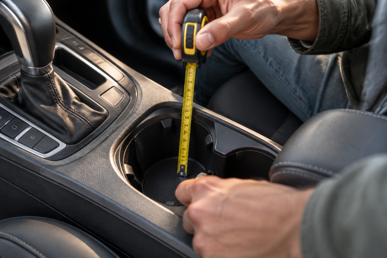 A person measuring the diameter of a car center console cup holder with a yellow tape measure