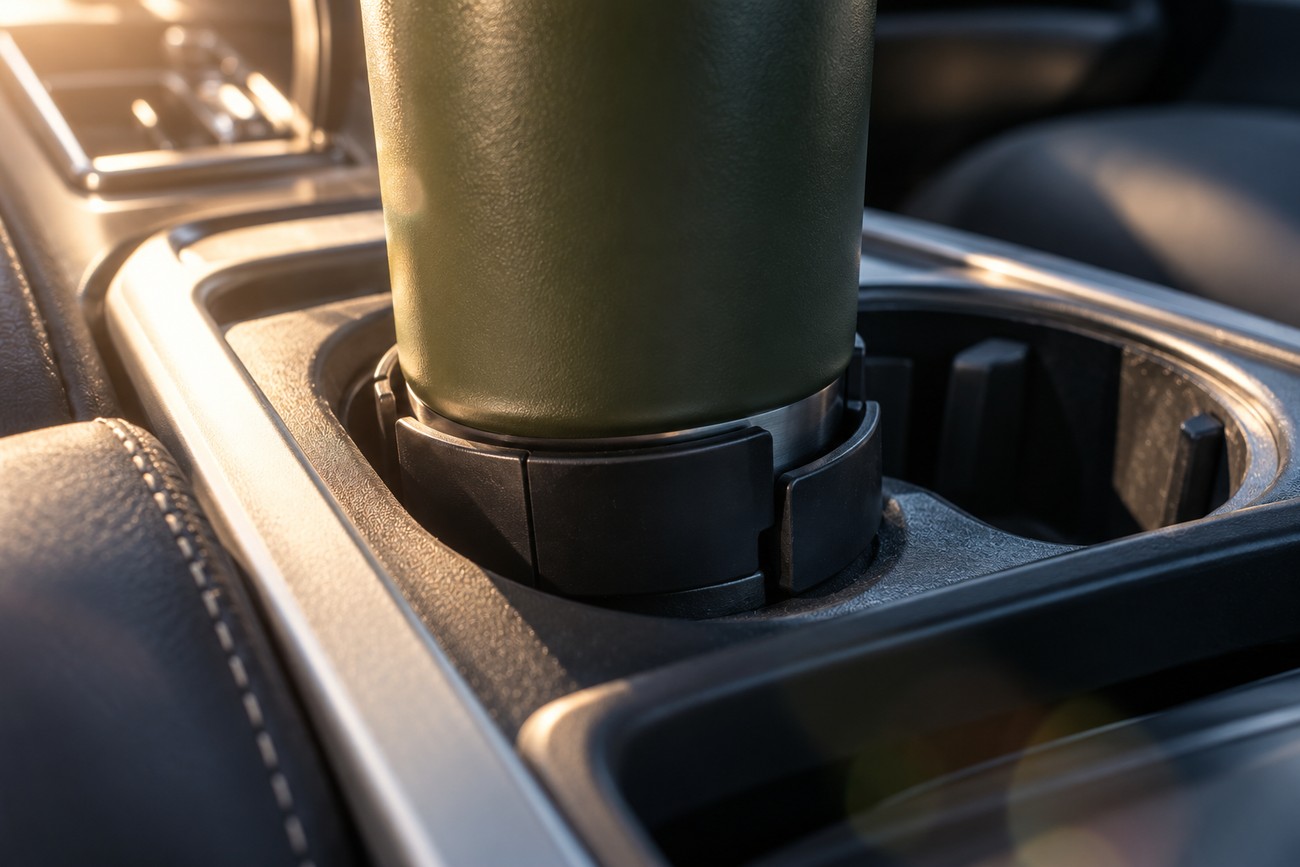 A large green insulated tumbler held firmly by an adjustable black cup holder expander in a car console