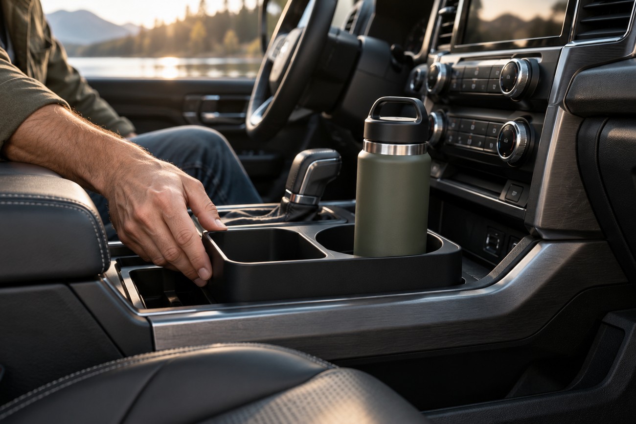 Driver adjusting a black cup holder expander and organizer in the center console of a car with a green thermos bottle inside