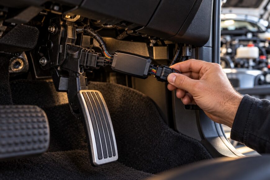 Mechanic hand plugging a wire harness into an electronic throttle response controller under a car dashboard
