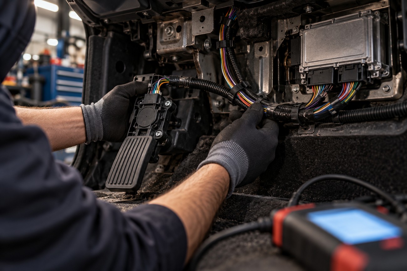 Mechanic wearing work gloves connecting wiring harness to an electronic throttle pedal assembly under car dashboard