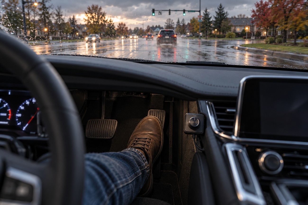 Driver pressing the accelerator pedal with an electronic throttle response controller mounted on the center console