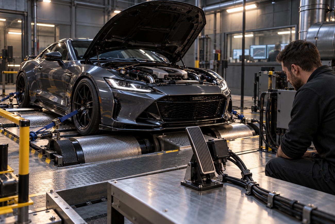 A technician kneeling next to an electronic accelerator pedal setup while tuning a sports car on a dynamometer in a workshop