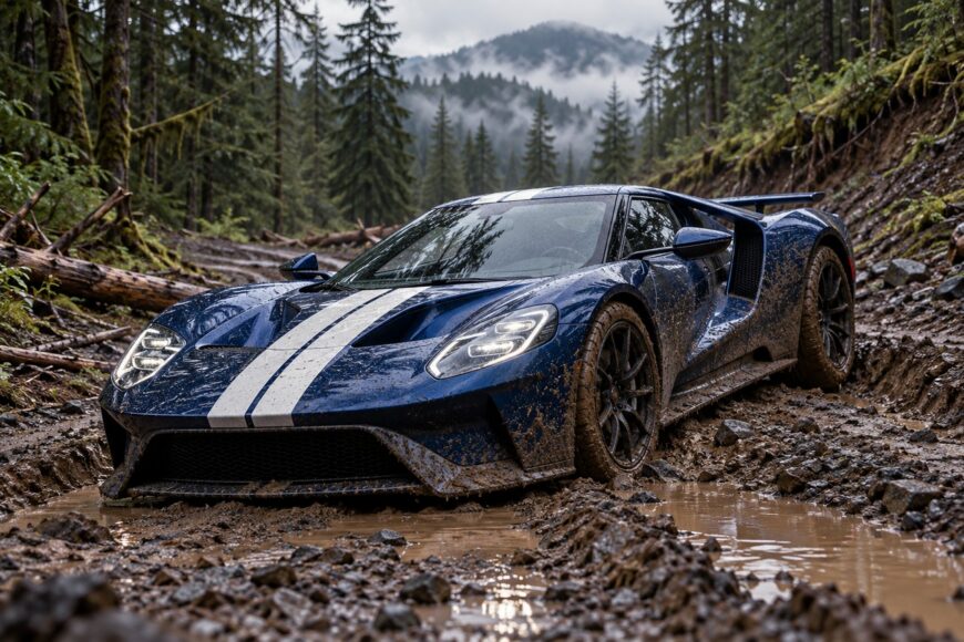 Blue Ford GT supercar covered in mud driving on a rutted logging road through a misty forest