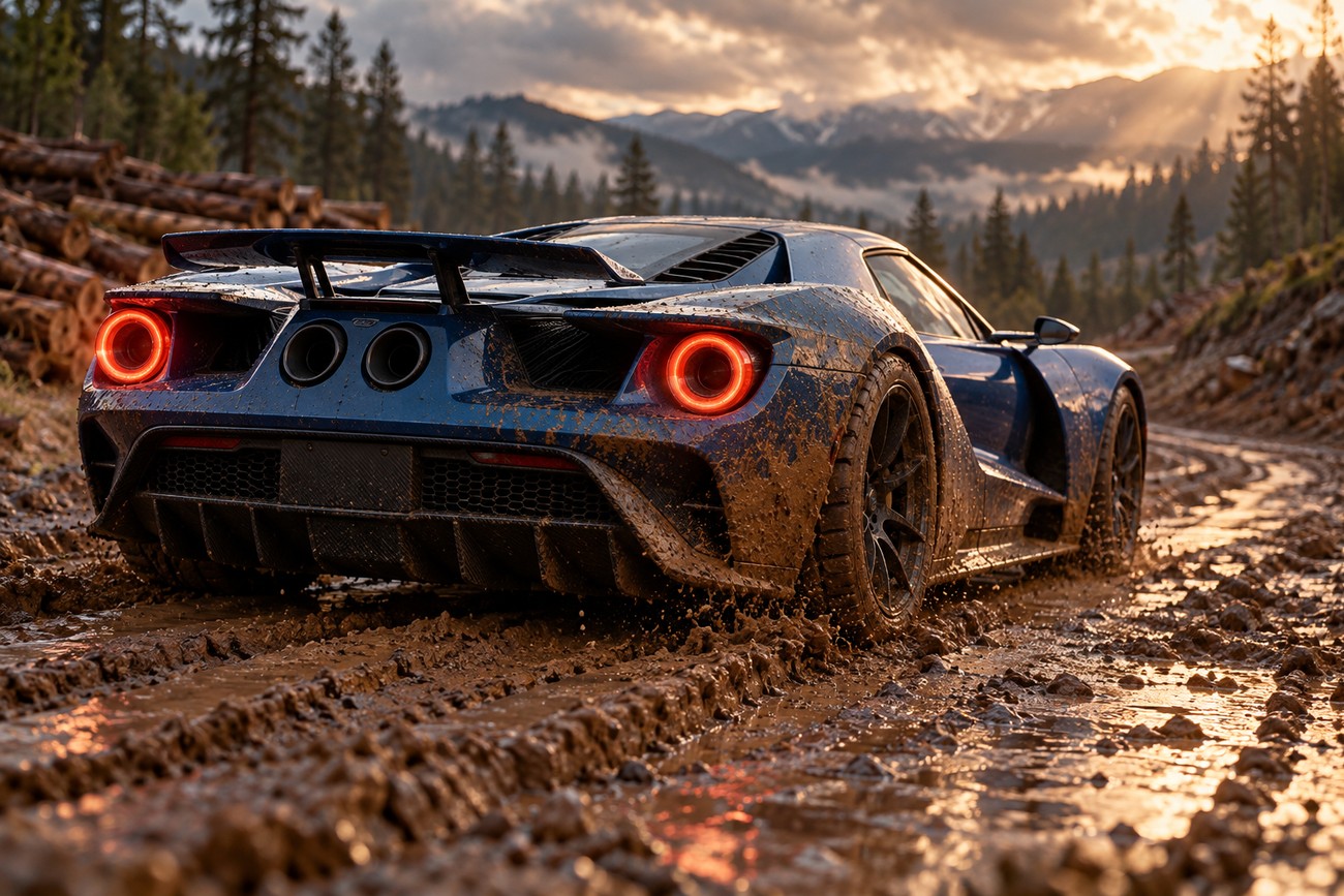 A blue Ford GT supercar covered in mud driving along a rutted logging road through a pine forest at sunset