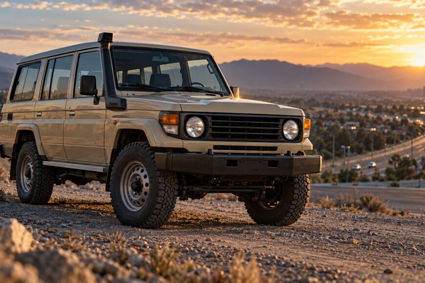 Beige Toyota Land Cruiser 70 series parked on a dusty overlook with mountains and a city highway in the background during sunset