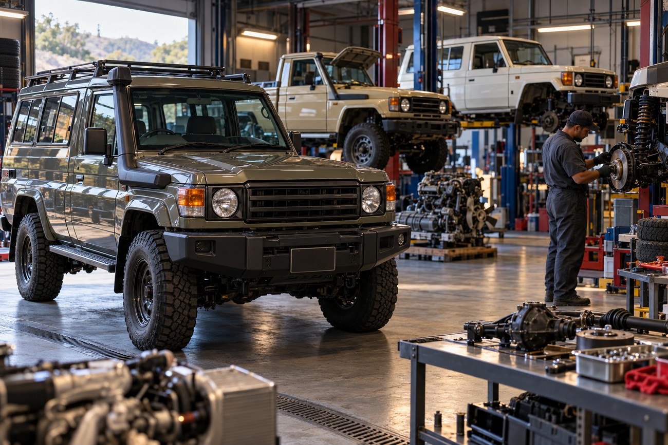 An olive green Toyota Land Cruiser 70 Series SUV parked in a spacious garage with a mechanic working on a lifted vehicle in the background
