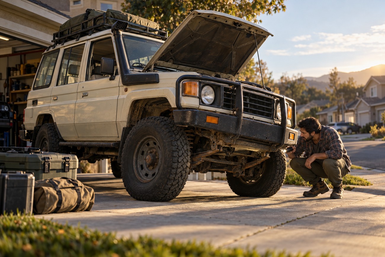 A man crouching in a driveway inspecting the front wheel of an overland-equipped Toyota Land Cruiser 70 Series