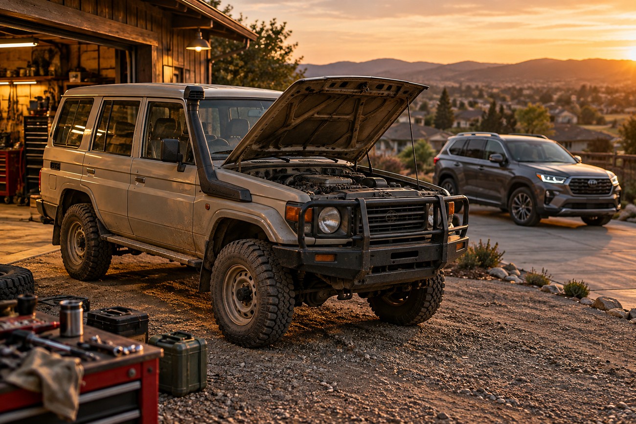 Classic beige Toyota Land Cruiser 70 Series with an open hood parked outside a rustic garage at sunset