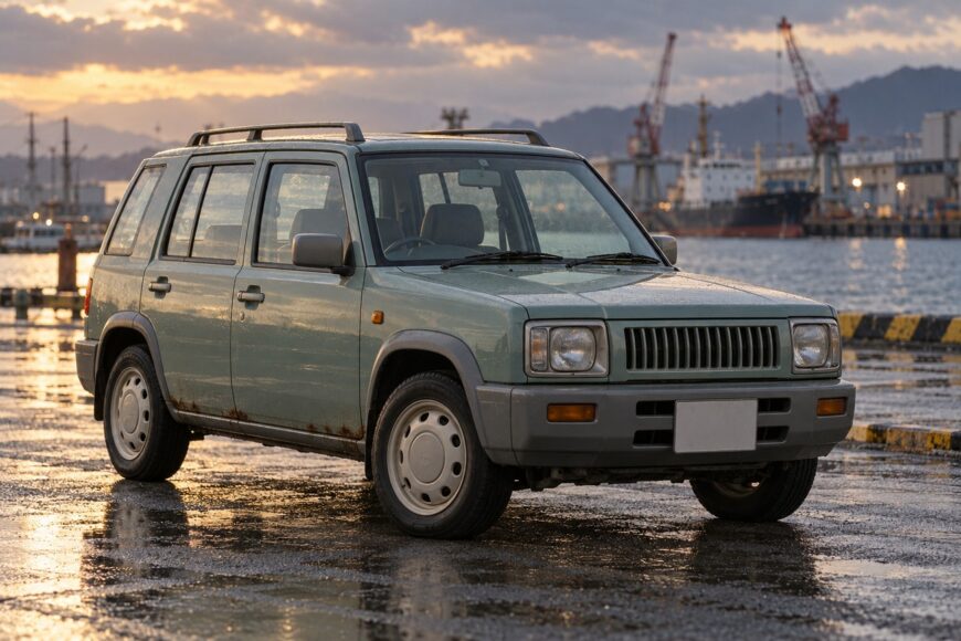 Light green Nissan Rasheen retro boxy AWD wagon parked on a wet dock with industrial cranes in the background