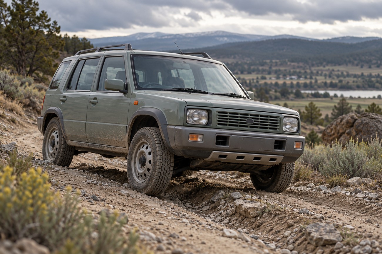 A green retro Nissan Rasheen wagon parked on a rugged dirt trail with mountains in the background