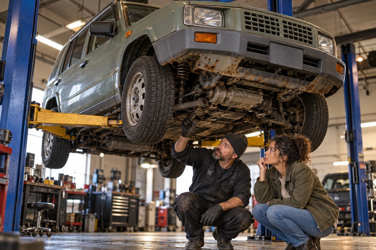 A mechanic points to the undercarriage of a retro Nissan Rasheen wagon lifted in an auto repair shop while a woman watches
