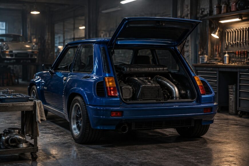 Blue Renault 5 Turbo 2 hot hatch parked inside a garage with its rear hatch open showing the mid-engine setup