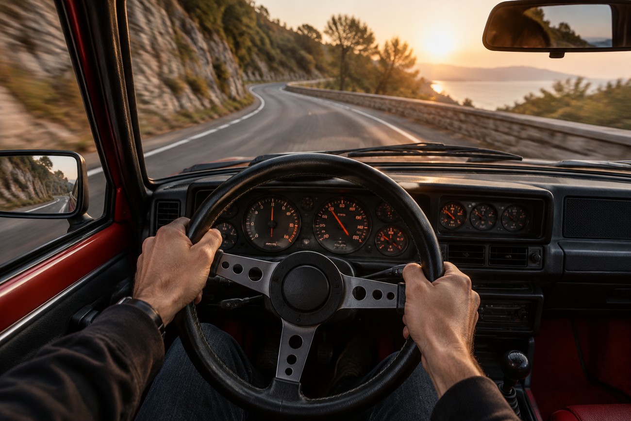 Driver holding the steering wheel from inside the cockpit of a classic Renault 5 Turbo 2 driving on a winding coastal road at sunset