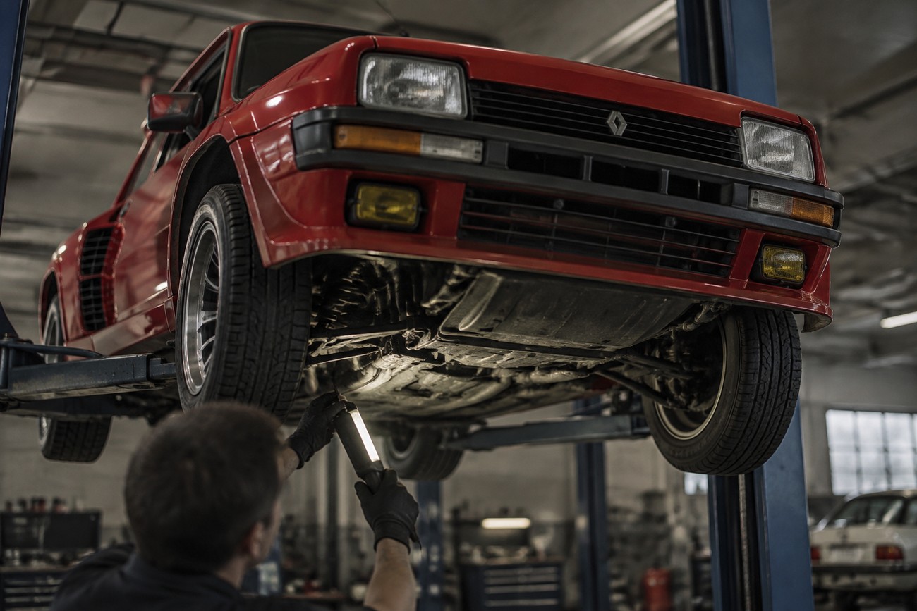 A mechanic in gloves uses a work light to inspect the undercarriage of a red classic Renault 5 Turbo 2 on a hydraulic lift inside a garage