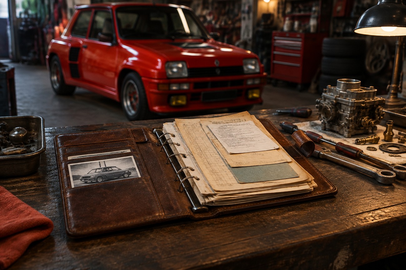 Vintage leather binder with service documents and a small photo on a workshop wooden table with a red Renault 5 Turbo 2 in the background