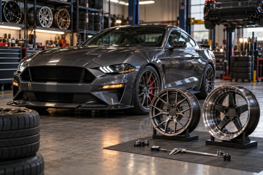Two custom alloy wheels displayed on stands in front of a parked dark sports car inside a professional tuning garage