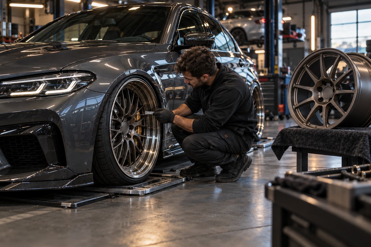 A mechanic wearing gloves crouches down to measure custom alloy wheels on a grey sports car in a professional workshop