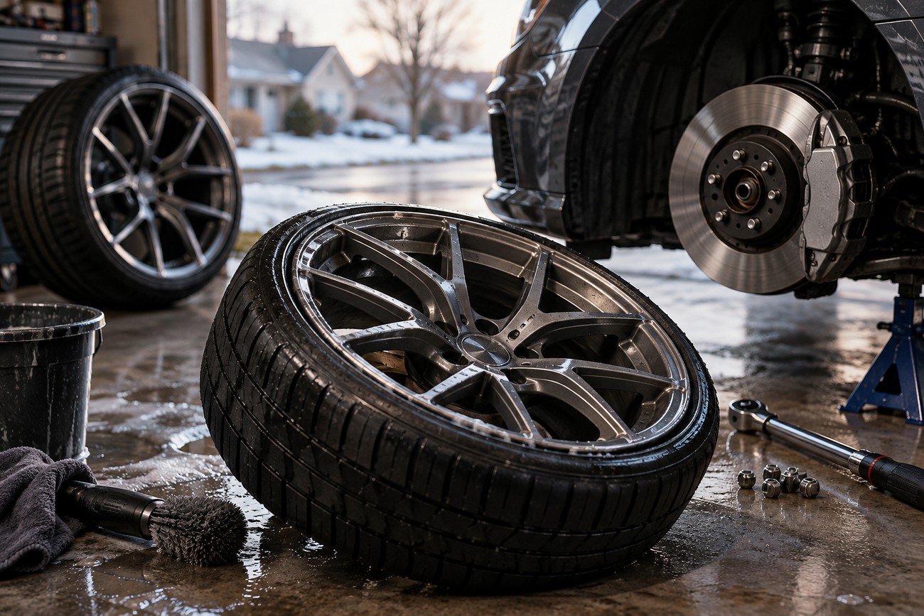 Alloy wheel and low-profile tire resting on a wet garage floor next to a jacked-up car with exposed brake rotors