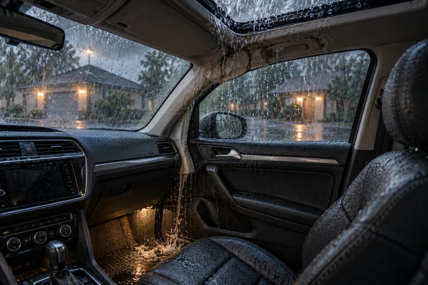 Rainwater leaking heavily from the sunroof of a Volkswagen Tiguan, soaking the pillar and flooding the front passenger footwell