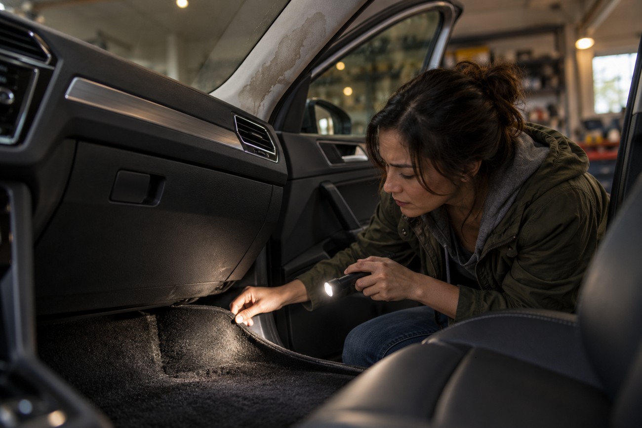A woman inspecting the flooded footwell and wet carpet of her Volkswagen Tiguan with a flashlight