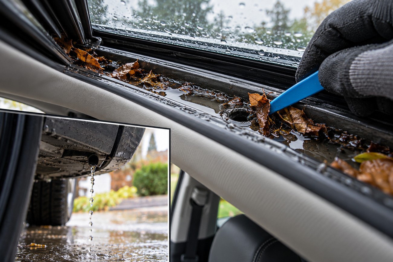 Gloved hand using a tool to clear leaves and water from a VW Tiguan sunroof drain channel with an inset showing water draining underneath the car