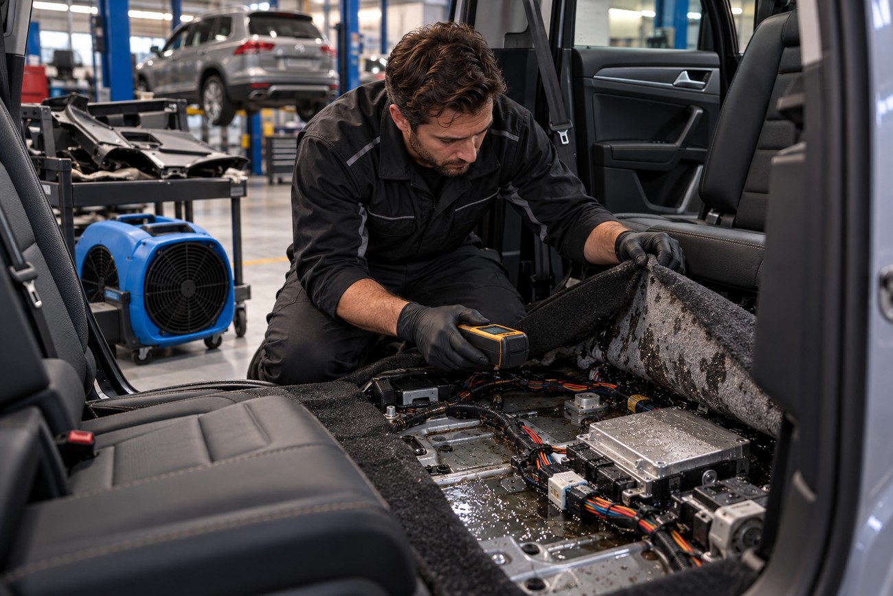 Mechanic in gloves checking soaked wiring and wet floorboards under the carpet of a flooded VW Tiguan interior