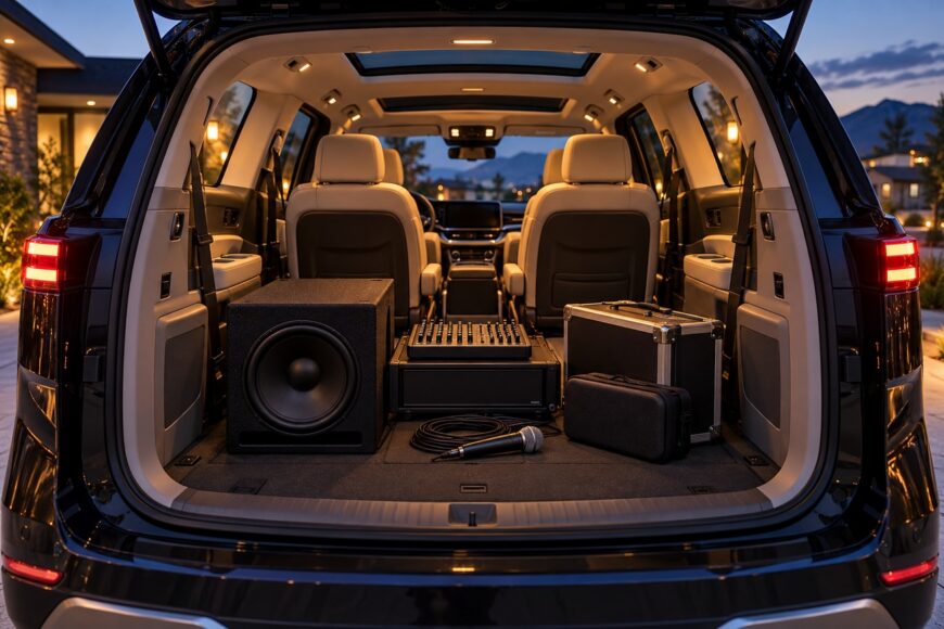 Open trunk of a dark Kia Carnival outfitted with a large subwoofer sound system, audio mixing console, microphone, and equipment cases for a mobile karaoke setup