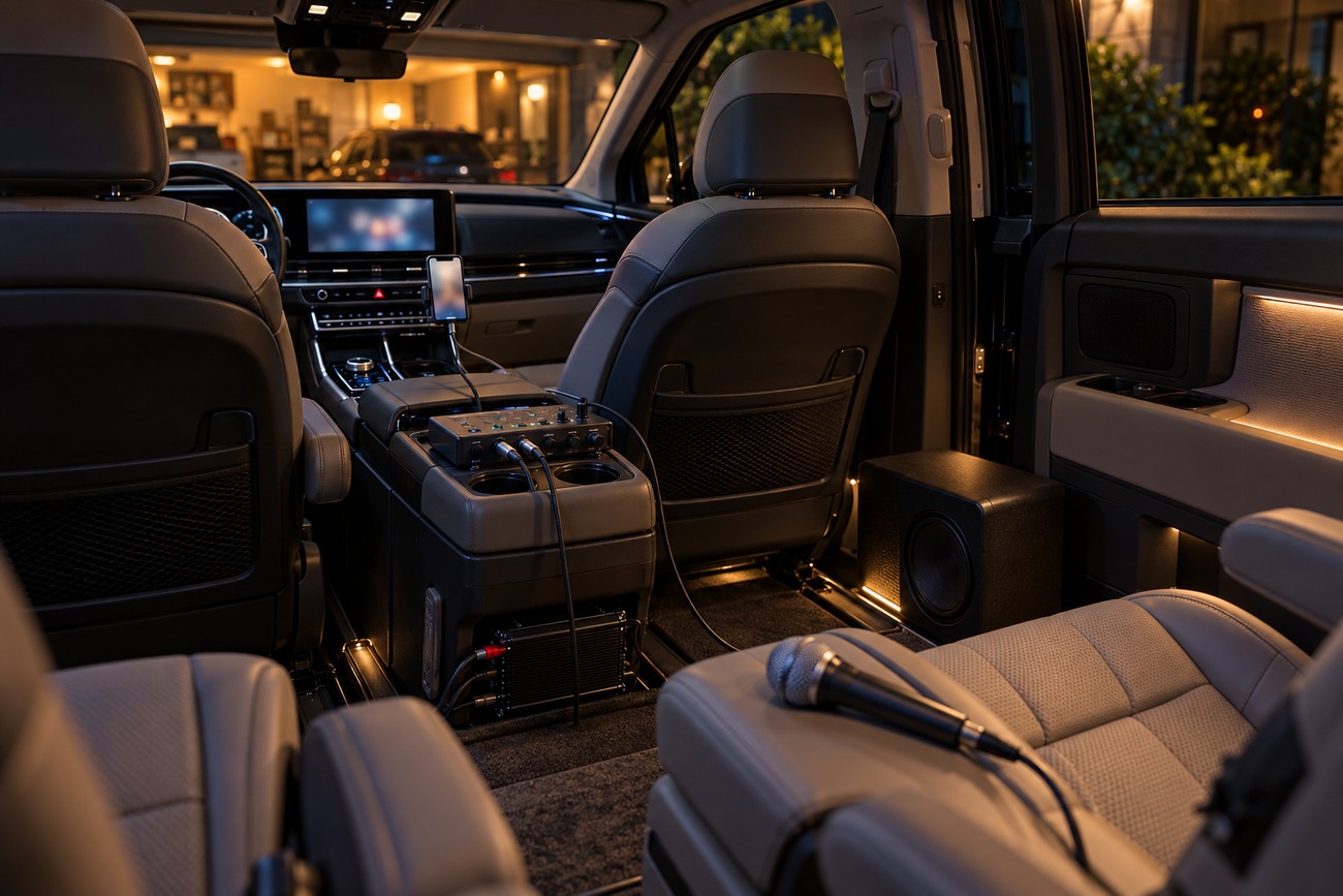 A microphone lies on the leather seat inside a Kia Carnival customized with a karaoke mixer and subwoofer
