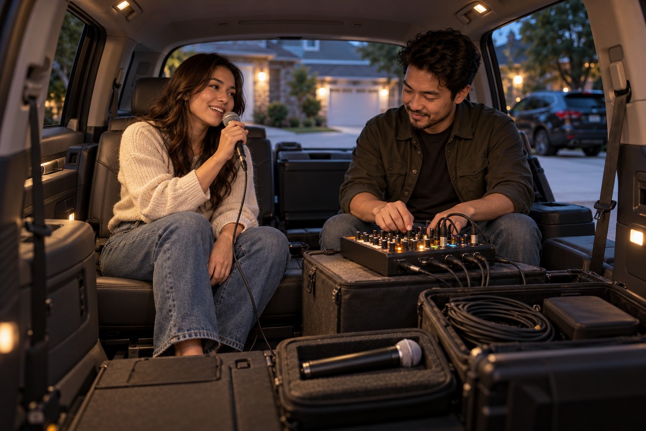 A smiling young woman sings into a microphone while a man adjusts a portable audio mixer inside the trunk of a Kia Carnival