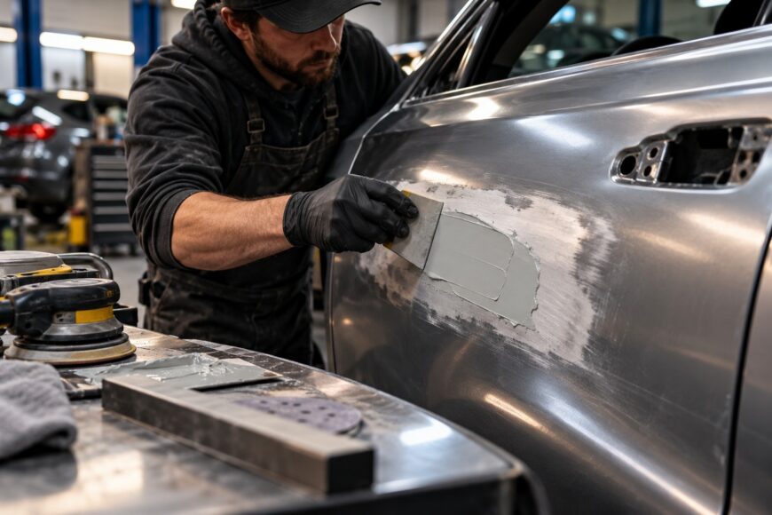 Mechanic wearing black gloves applying body filler with a spreader onto a car door panel