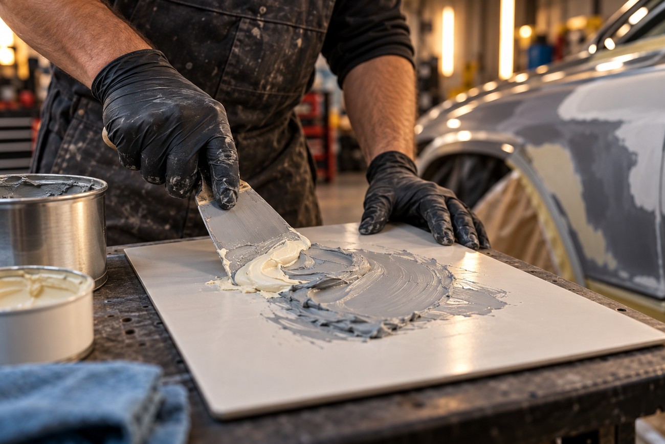 Mechanic wearing black gloves mixing gray and white body filler with a putty knife on a board in an auto body shop
