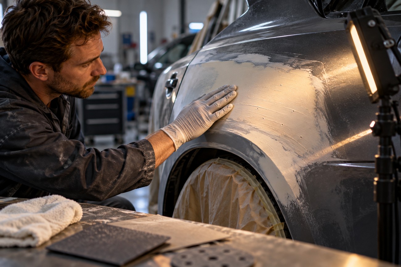 Mechanic wearing a glove checking the smoothness of body filler on a car panel in an auto repair shop