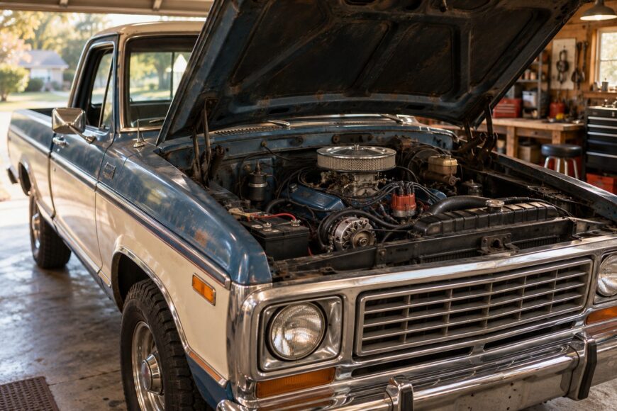 A classic blue and white 1970s Ford pickup truck with its hood open in a garage, showing the engine compartment