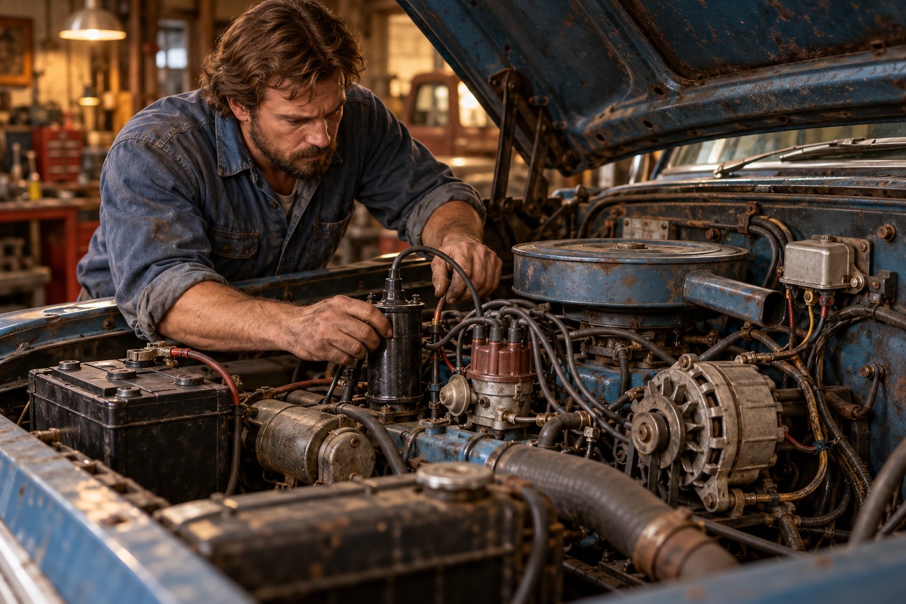A focused mechanic working on the ignition coil and engine components under the hood of a classic blue Ford pickup truck in a garage