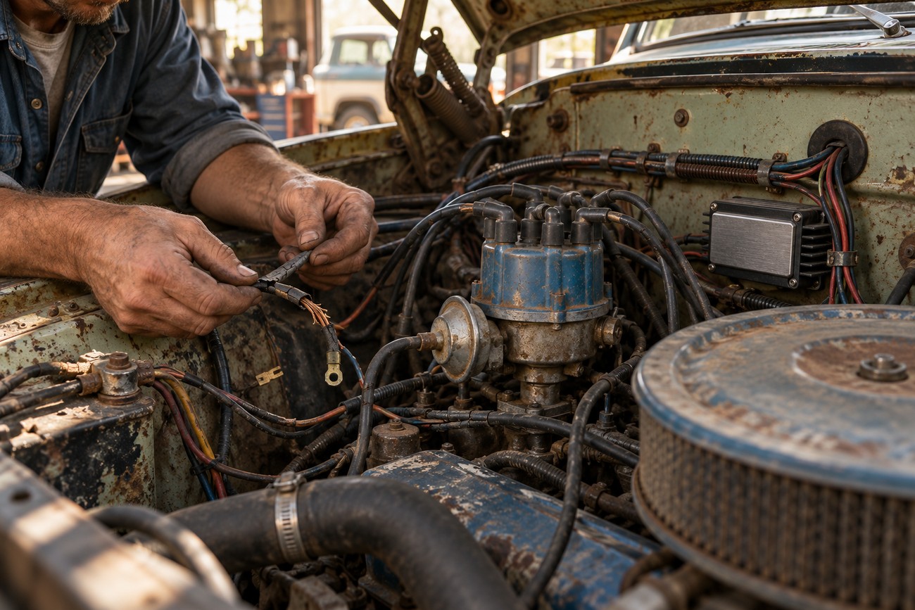 Mechanic repairing wiring under the hood of a vintage 1970s Ford pickup truck engine bay