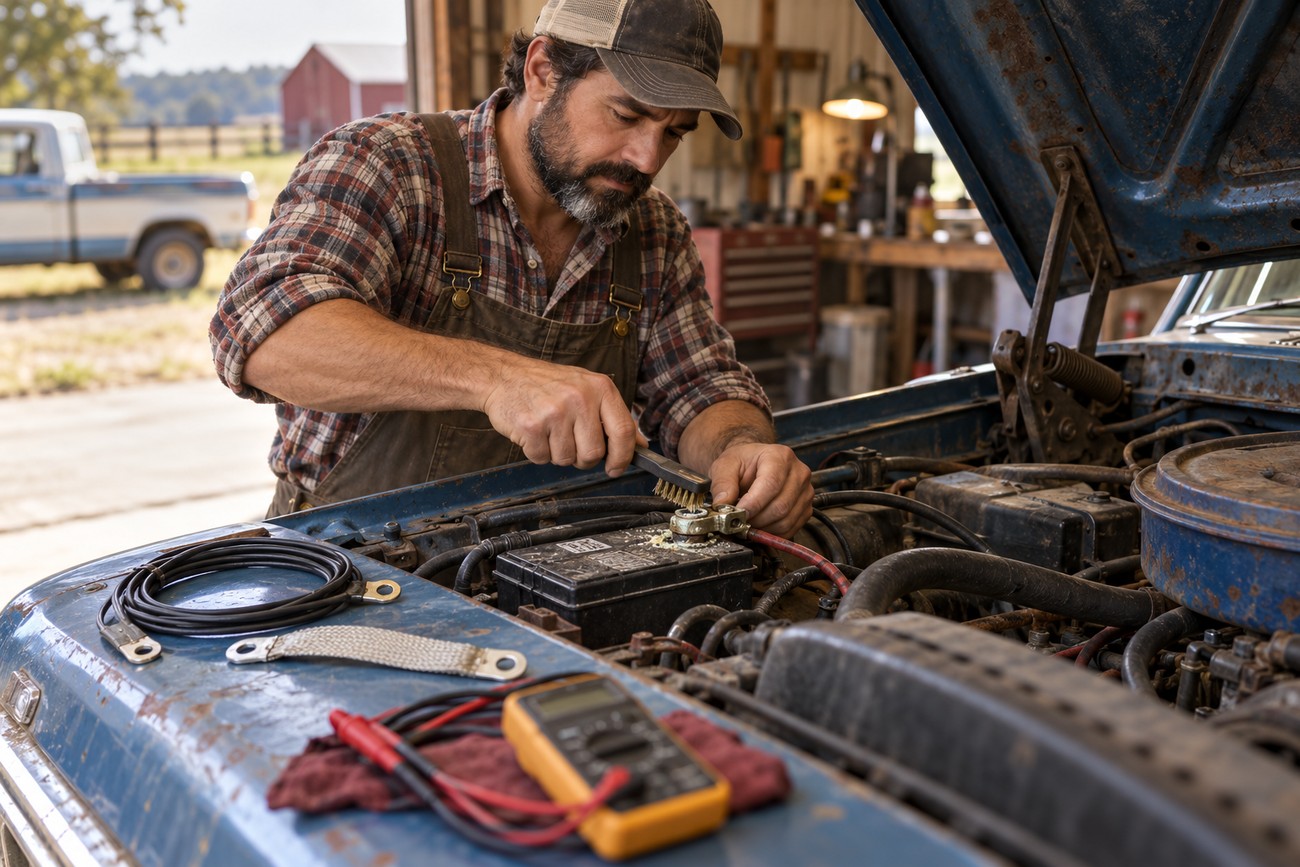 A bearded mechanic in overalls cleaning the battery terminal under the hood of a vintage 1970s Ford pickup truck in a workshop