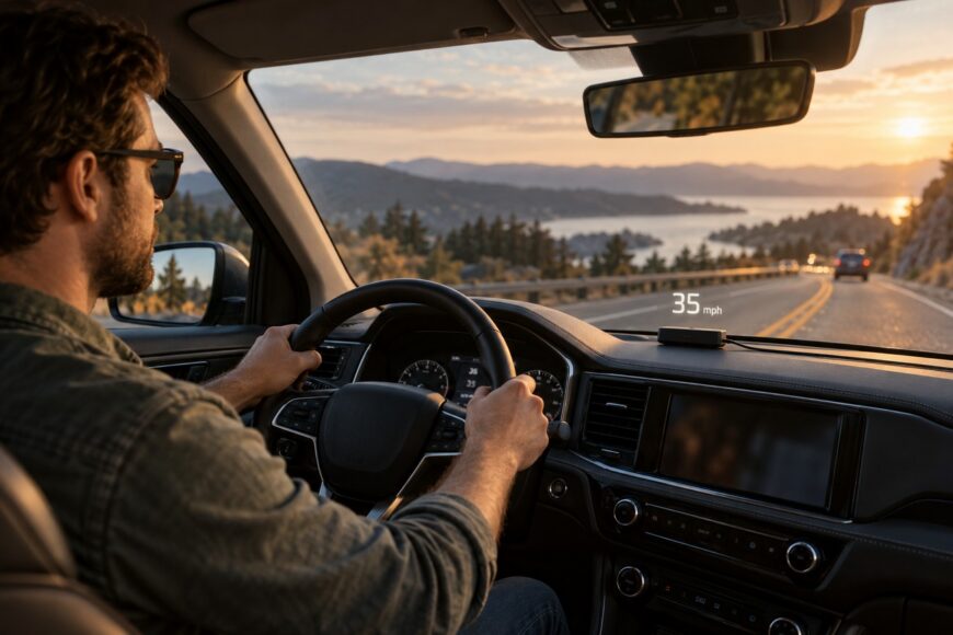 Driver holding the steering wheel while a head-up display unit projects speed onto the windshield during a scenic sunset drive