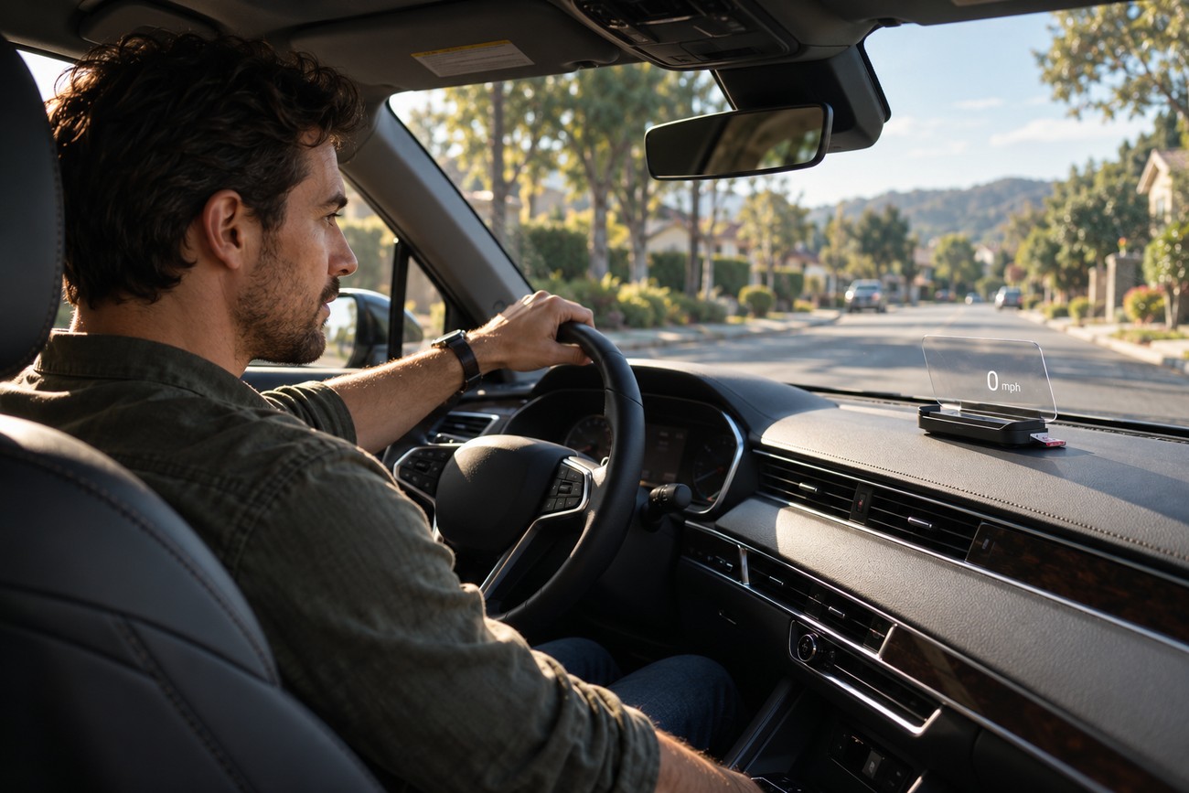 Man driving a car while looking at a transparent head-up display mounted on the dashboard showing 0 mph