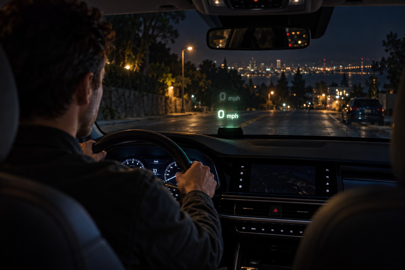 Driver holding the steering wheel while looking at a head-up display projected on the windshield at night