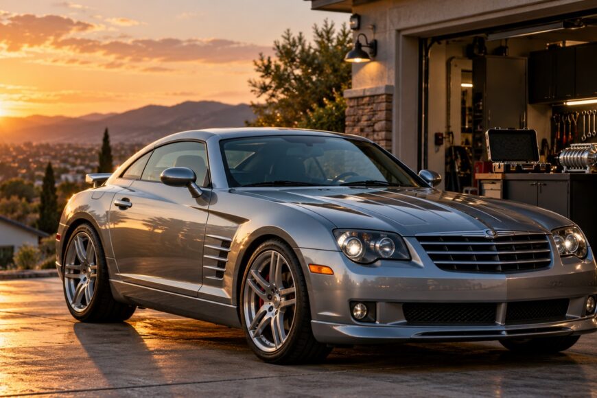 Silver Chrysler Crossfire SRT-6 sports car parked on a paved driveway in front of a garage during a warm sunset