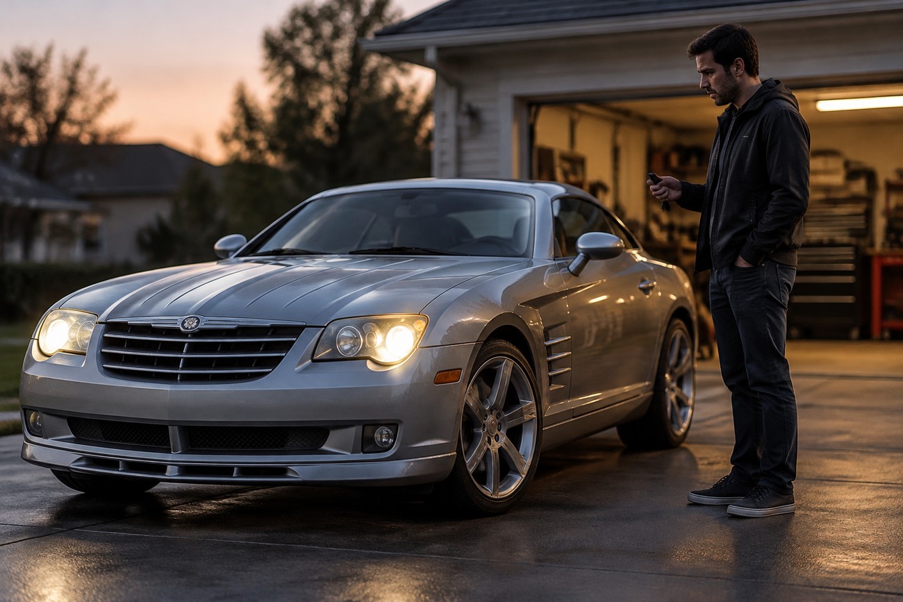 A man standing next to a silver Chrysler Crossfire SRT-6 parked in a driveway at dusk