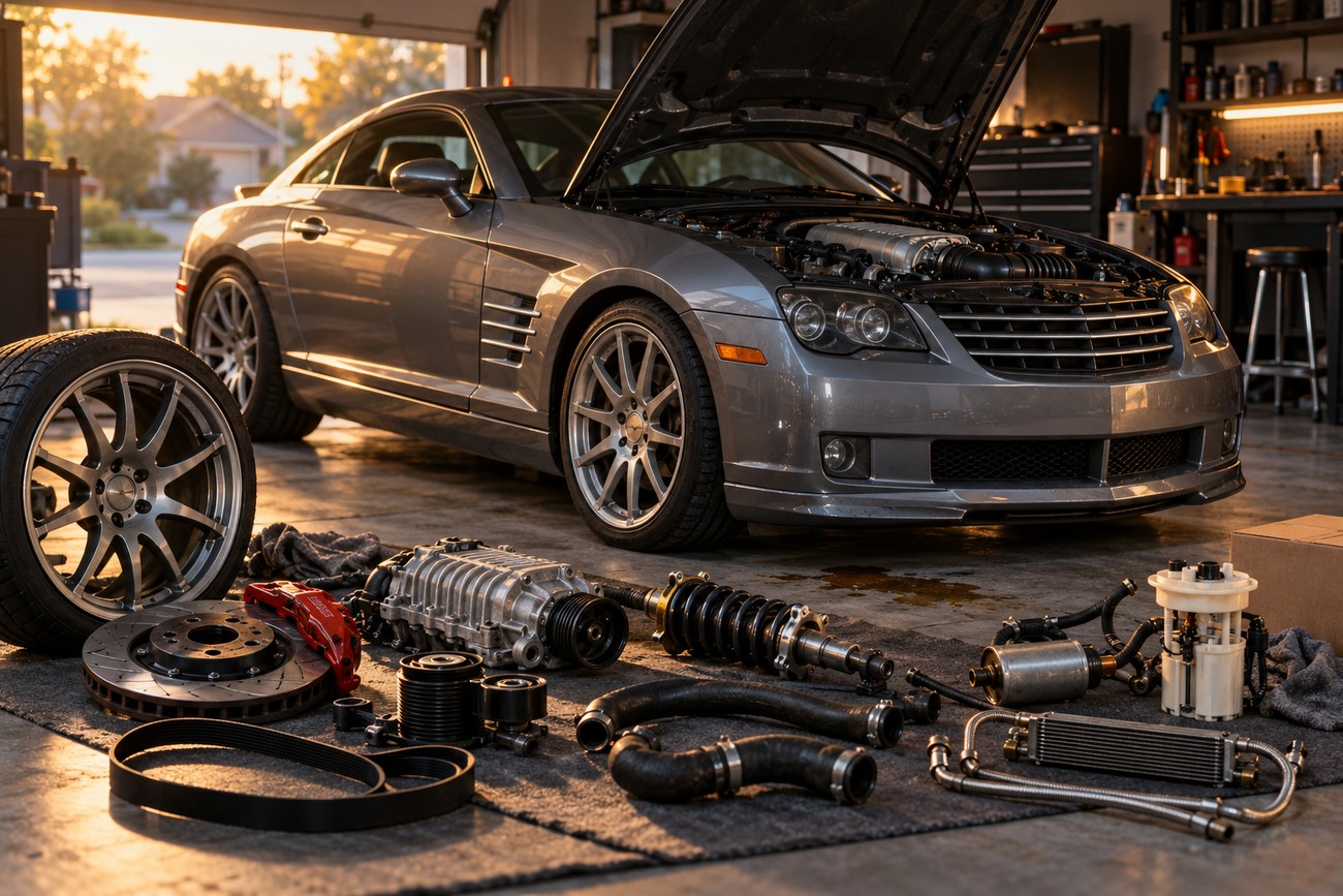 Silver Chrysler Crossfire SRT-6 parked in a garage with disassembled supercharger parts and wheels displayed on the floor